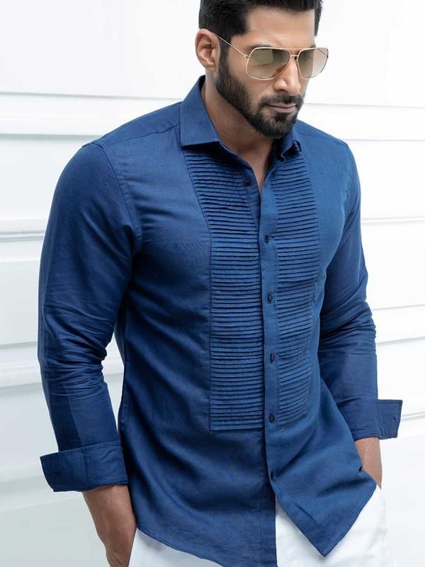 Armin Navy Solid Full sleeve single cuff Slim Fit  Blended Shirt