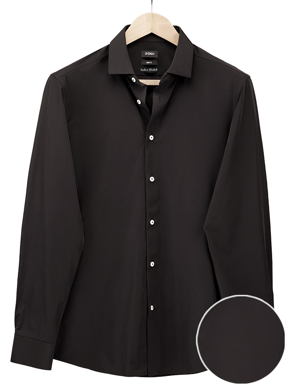 Beyer Black Techno Stretch Solid Full Sleeve Single Cuff Slim Fit Blended Shirt