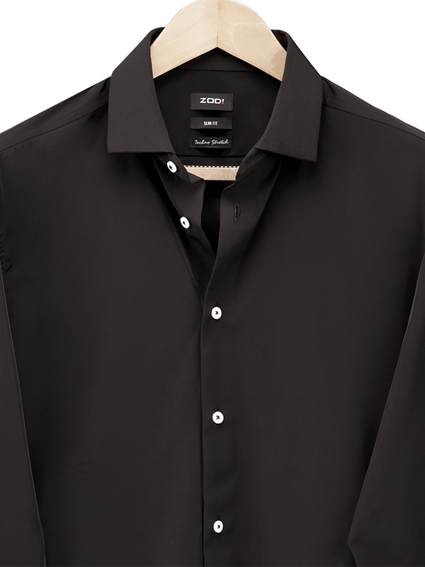 Beyer Black Techno Stretch Solid Full Sleeve Single Cuff Slim Fit Blended Shirt
