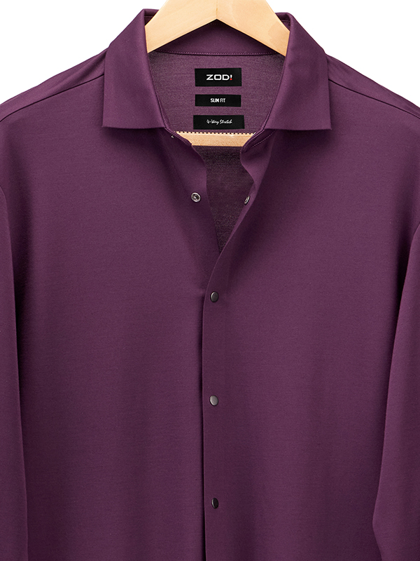 Cox Aubergine 4 Way Knitted Stretch Solid Full Sleeve Single Cuff Slim Fit Blended Shirt