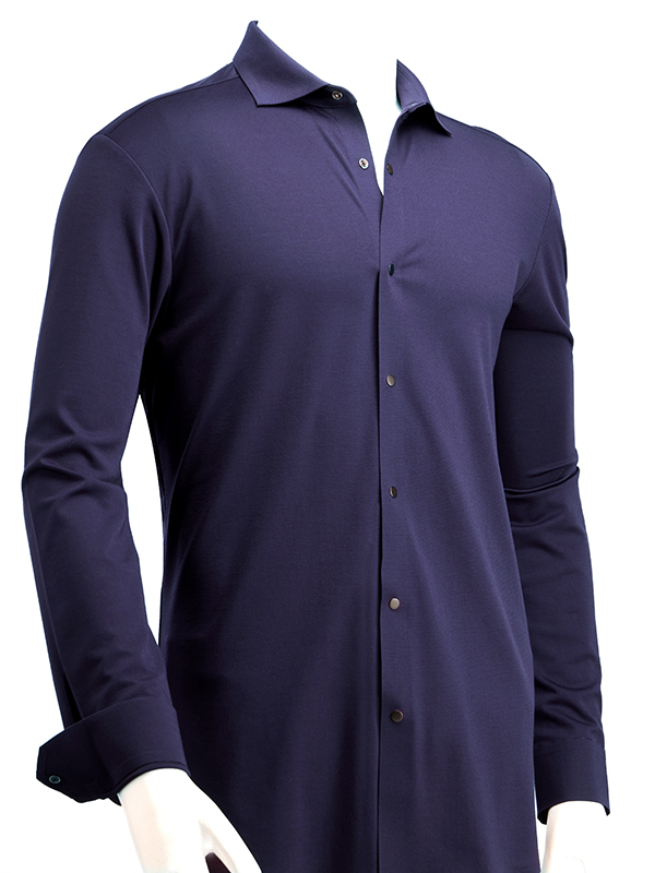 Cox Navy 4 Way Knitted Stretch Solid Full Sleeve Single Cuff Slim Fit Blended Shirt