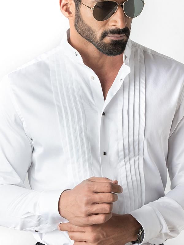 Craig White Band Collar Full Sleeve Single Cuff Cotton Tuxedo Shirt