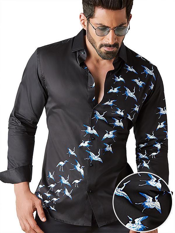 Crane Black Printed Full sleeve single cuff Slim Fit  Blended Shirt