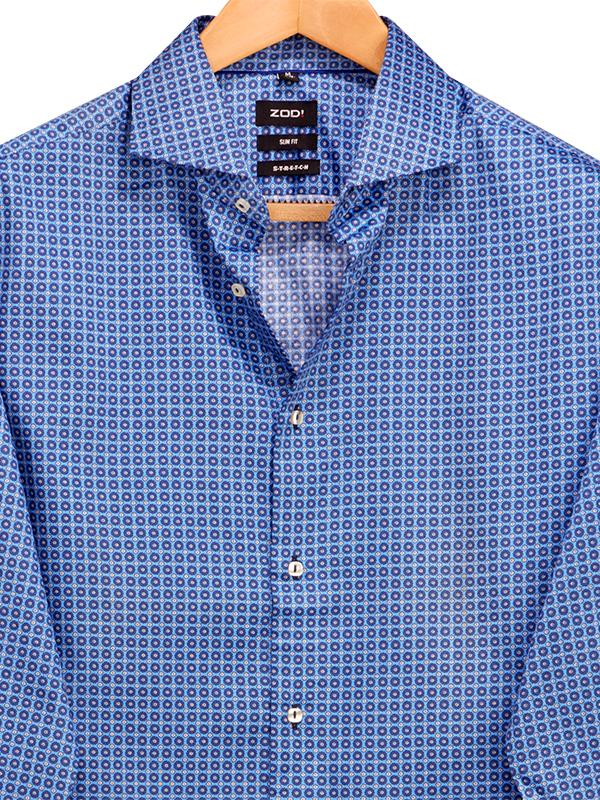 Depp Blue Printed Full Sleeve Single Cuff Slim Fit Blended Shirt