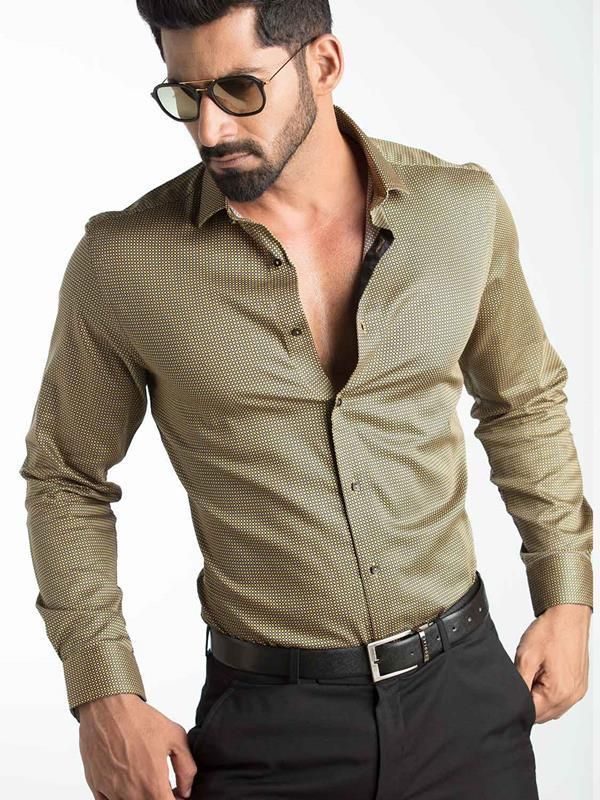 Diego Ochre Printed Full sleeve single cuff Slim Fit  Blended Shirt