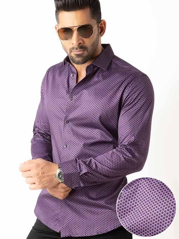 Dominic Purple Printed Full sleeve single cuff Slim Fit  Blended Shirt