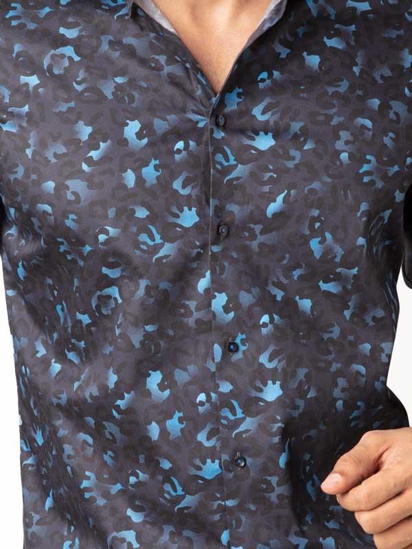 Euron Navy Printed Full sleeve single cuff Slim Fit  Blended Shirt