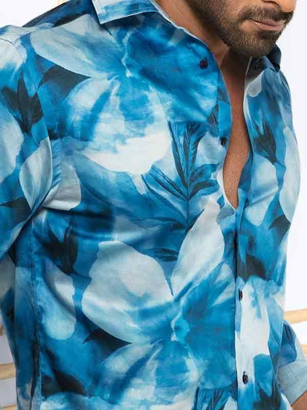 Fabio Blue Printed Full sleeve single cuff Slim Fit  Blended Shirt