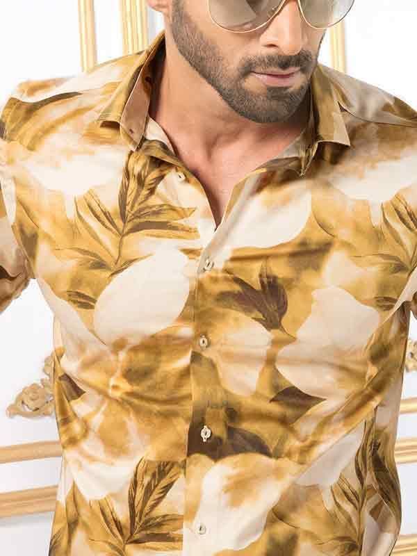 Fabio Ochre Printed Full sleeve single cuff Slim Fit  Blended Shirt