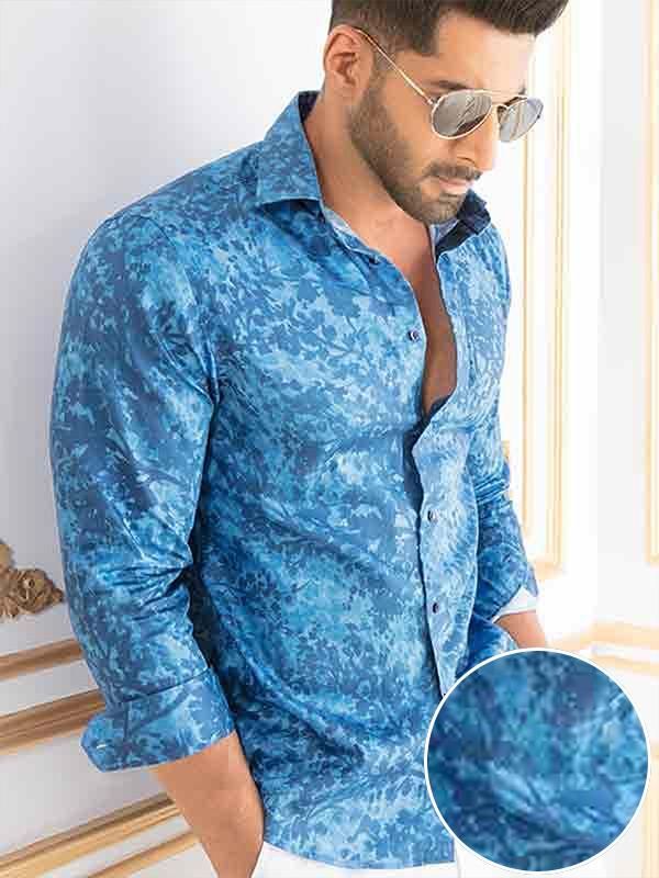 Markus Cobalt Printed Full sleeve single cuff Slim Fit  Blended Shirt
