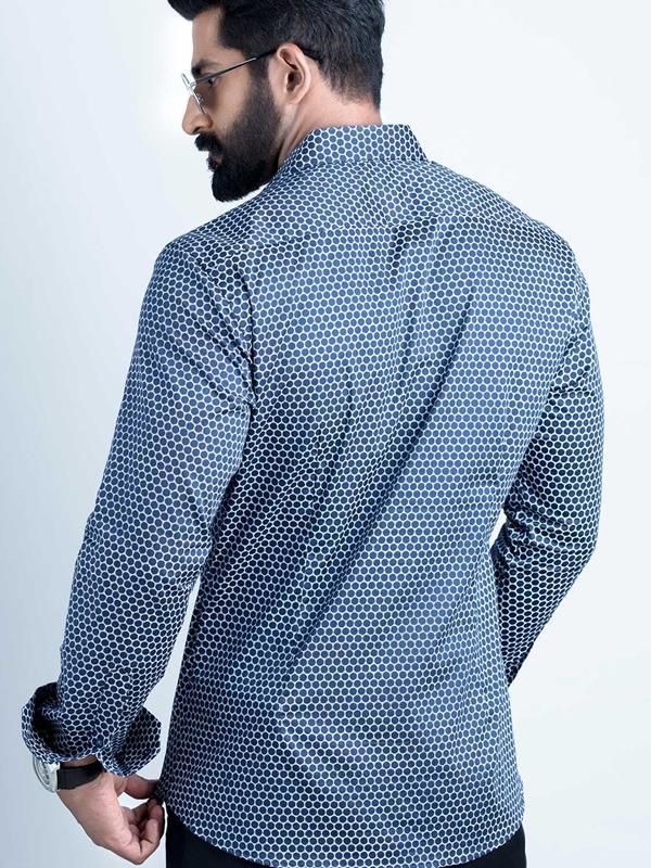 Marshmw Navy Printed Full sleeve single cuff Slim Fit  Blended Shirt