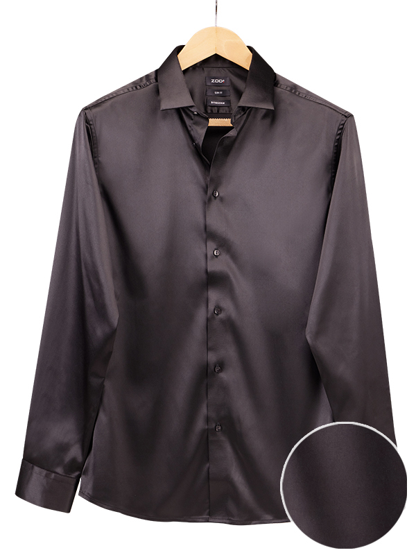 Perez Black High Gloss Satin Stretch Solid Full Sleeve Single Cuff Slim Fit Blended Shirt