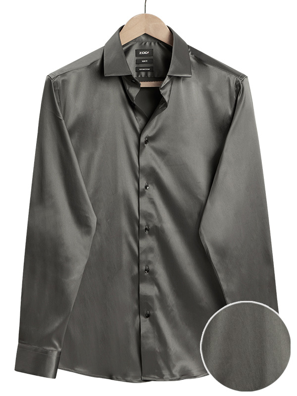 Perez Dark Grey High Gloss Satin Stretch Solid Full Sleeve Single Cuff Slim Fit Blended Shirt