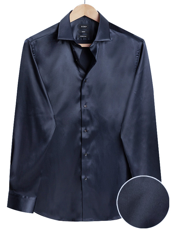 Perez Navy High Gloss Satin Stretch Solid Full Sleeve Single Cuff Slim Fit Blended Shirt