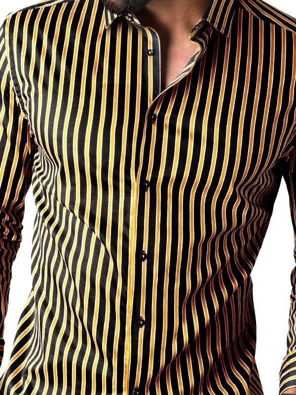 Rafa Ochre Striped Full sleeve single cuff Slim Fit  Blended Shirt