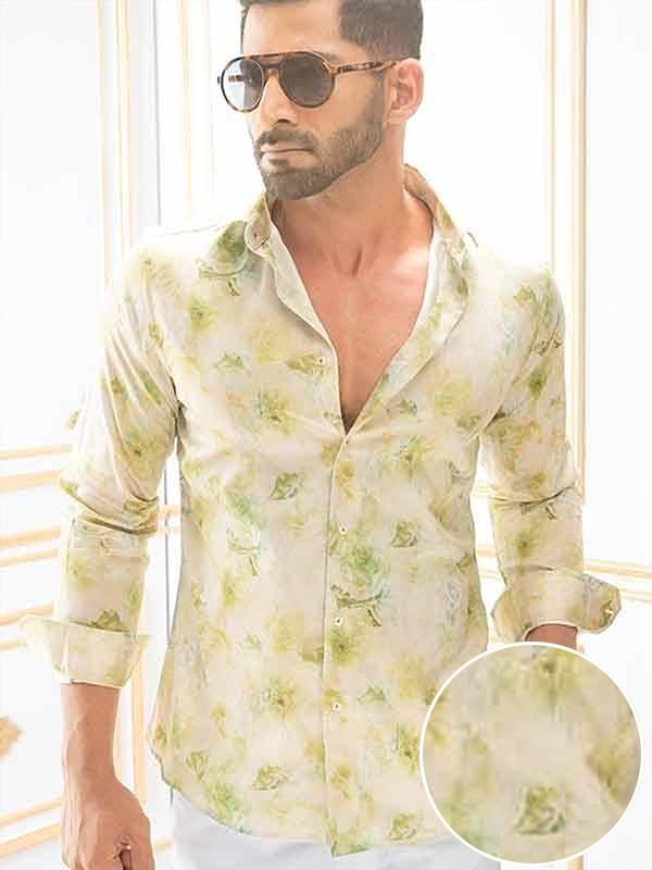 Salcedo Green Printed Full sleeve single cuff Slim Fit  Blended Shirt