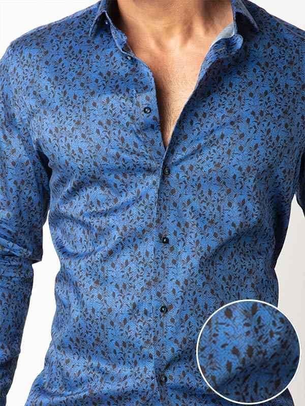 Theon Cobalt Printed Full sleeve single cuff Slim Fit  Blended Shirt