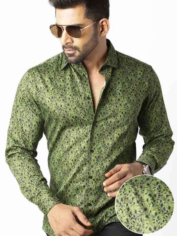 Theon Green Printed Full sleeve single cuff Slim Fit  Blended Shirt