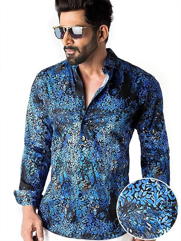 Tijuana Cobalt Printed Full sleeve single cuff Slim Fit  Blended Shirt