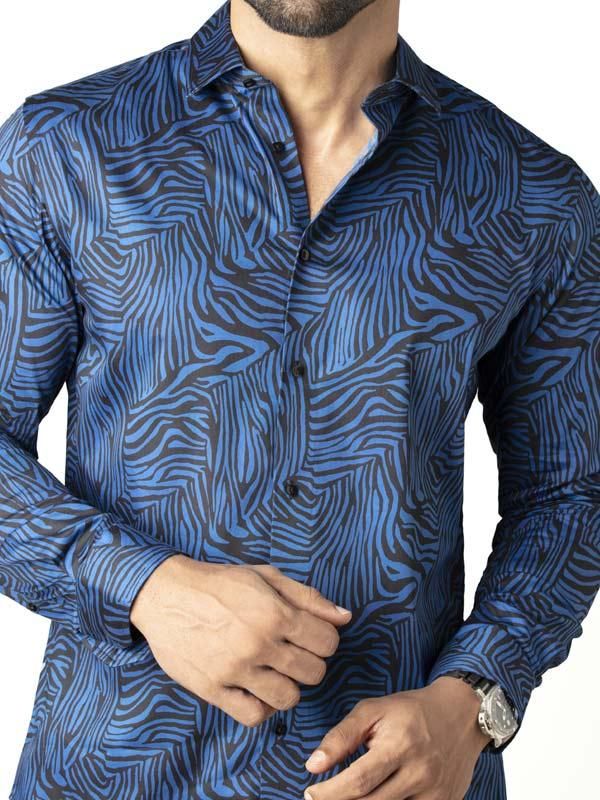 Tommen Cobalt Printed Full sleeve single cuff Slim Fit  Blended Shirt