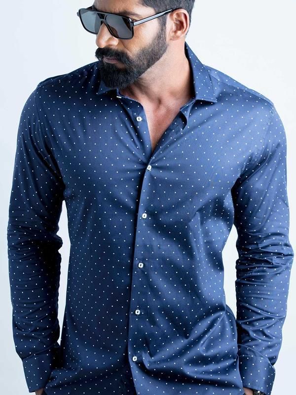Wolfpk Navy Printed Full sleeve single cuff Slim Fit  Blended Shirt