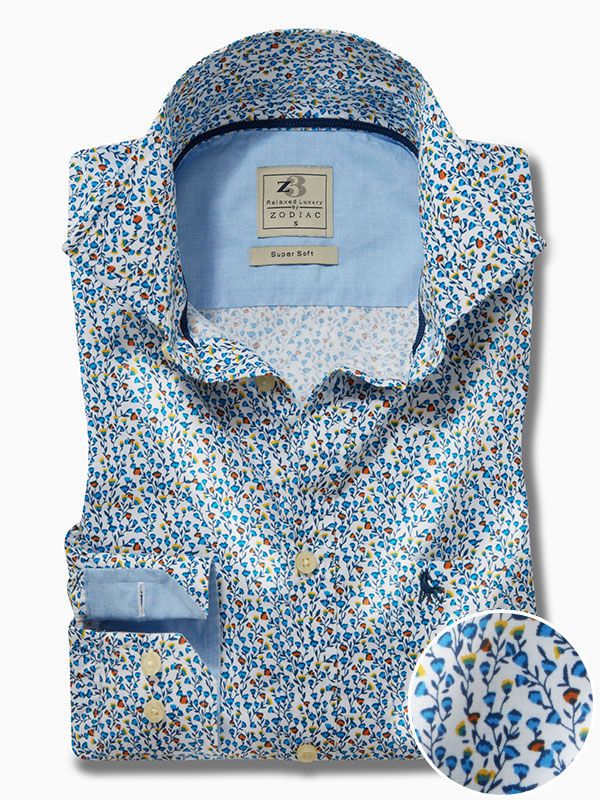 Stockholm Blue Printed Full Sleeve Tailored Fit Casual Cotton Shirt