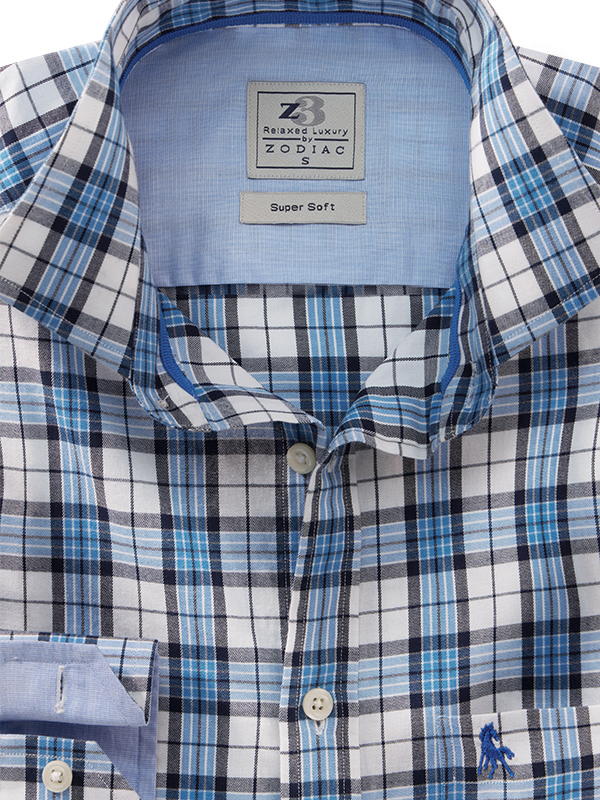 Ritsu Twill Blue Check Full Sleeve Tailored Fit Casual Cotton Shirt