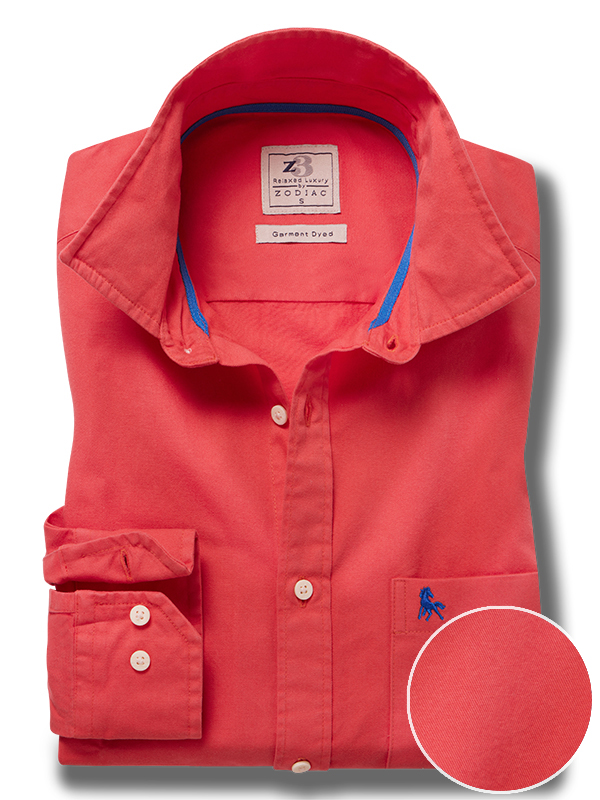 Harry Oxford Garment Dyed Coral Solid Full Sleeve Tailored Fit Casual Cotton Shirt
