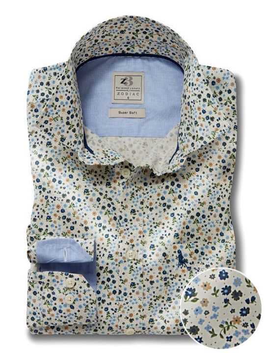Pedri Ecru Printed Full Sleeve Tailored Fit Casual Cotton Shirt