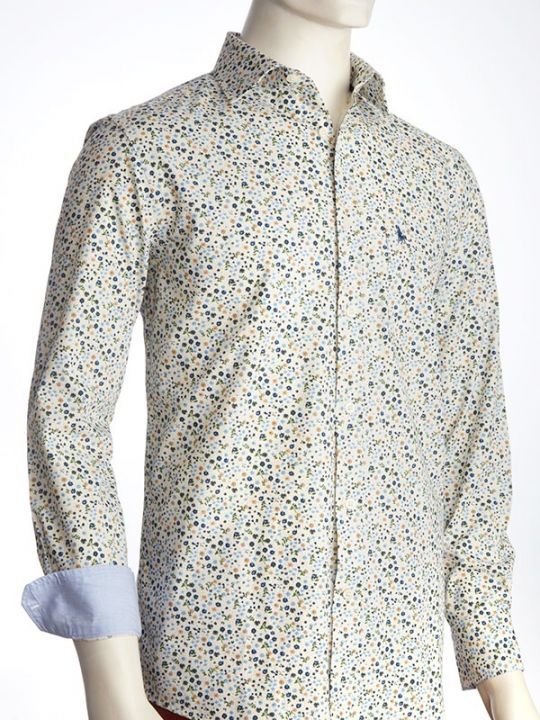 Pedri Ecru Printed Full Sleeve Tailored Fit Casual Cotton Shirt