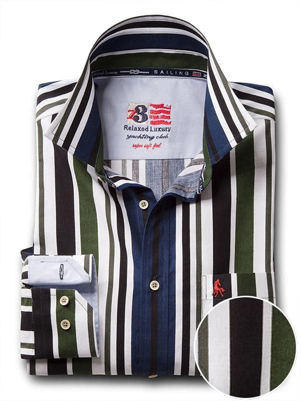 Negroni Green Striped Full sleeve single cuff   Cotton Shirt
