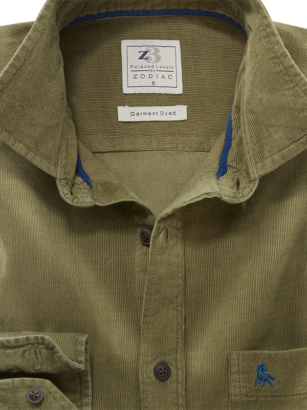 Zermatt Corduroy Garment Dyed Green Full Sleeve Tailored Fit Casual Cotton Shirt