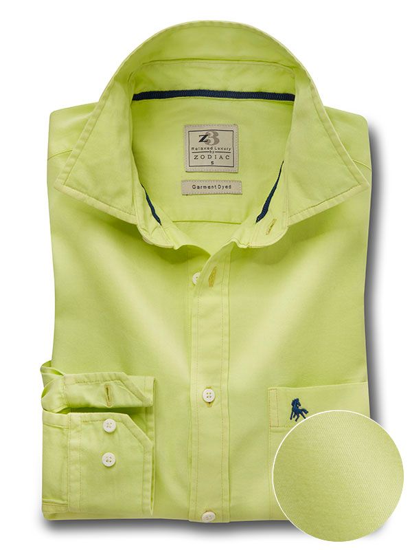 Tottenham Twill Garment Dyed Lime Solid Full Sleeve Tailored Fit Casual Cotton Shirt