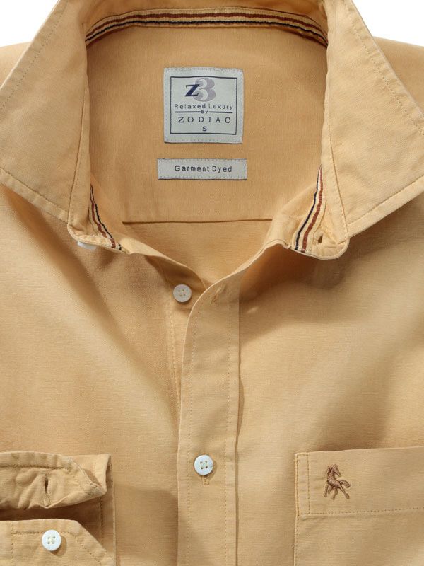 Murren Oxford Garment Dyed Mustard Solid Full Sleeve Tailored Fit Casual Shirt