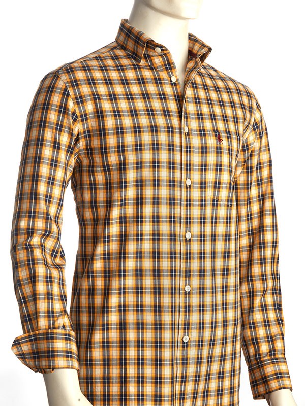 Kane Herringbone Mustard Check Full Sleeve Tailored Fit Casual Cotton Shirt