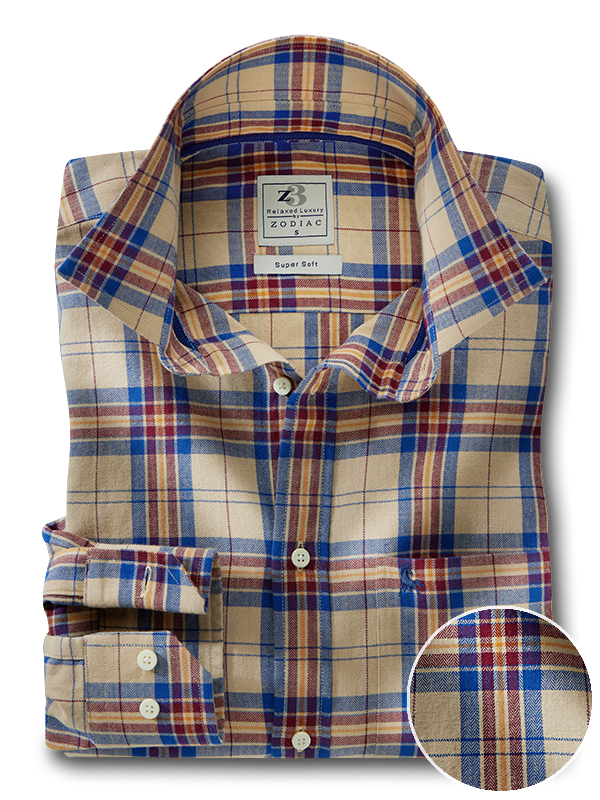 Fowler Herringbone Mustard Check Full Sleeve Tailored Fit Casual Cotton Shirt