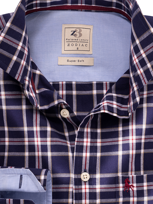 Kylian Twill Navy Check Full Sleeve Tailored Fit Casual Cotton Shirt