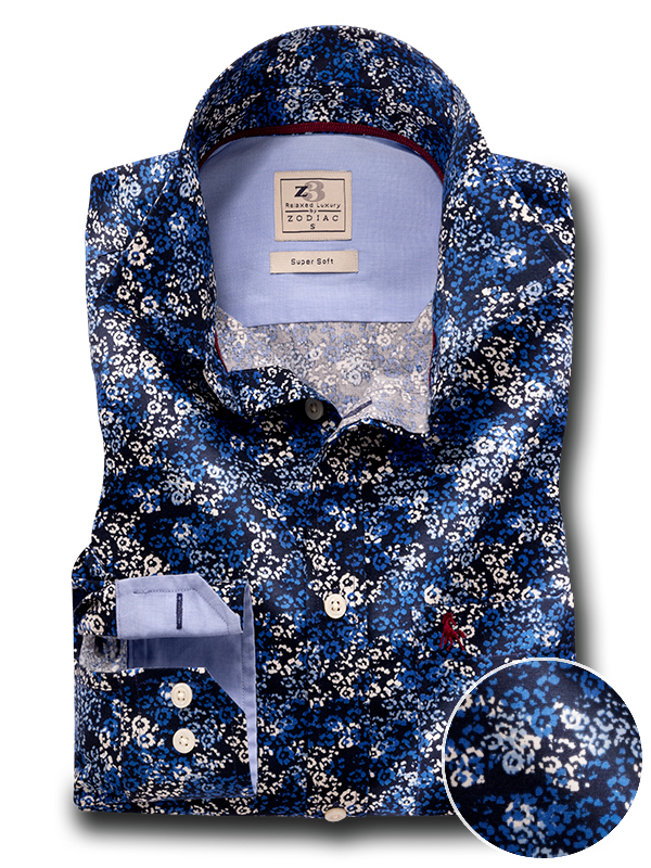 Mbappe Navy Printed Full Sleeve Tailored Fit Casual Cotton Shirt