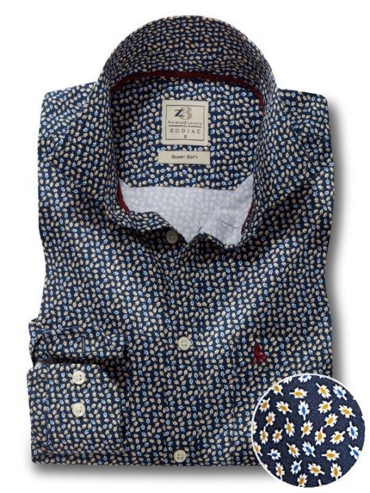 Thiago Navy Printed Full Sleeve Tailored Fit Casual Cotton Shirt