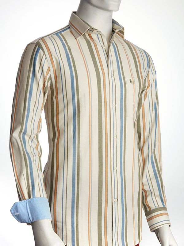 Tokyo Oxford Olive Striped Full Sleeve Tailored Fit Casual Cotton Shirt