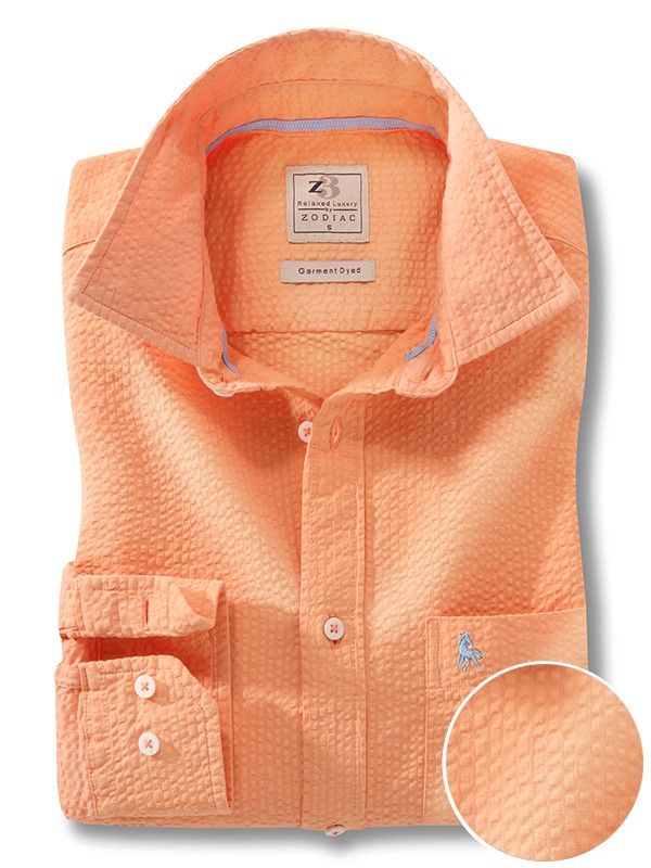 Berlin Seersucker Orange Solid Full Sleeve Tailored Fit Casual Cotton Shirt