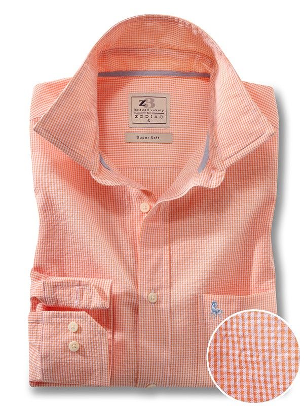 Helsinki Seersucker Orange Check Full Sleeve Single Cuff Cotton Shirt