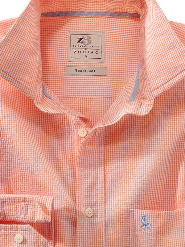 Helsinki Seersucker Orange Check Full Sleeve Single Cuff Cotton Shirt