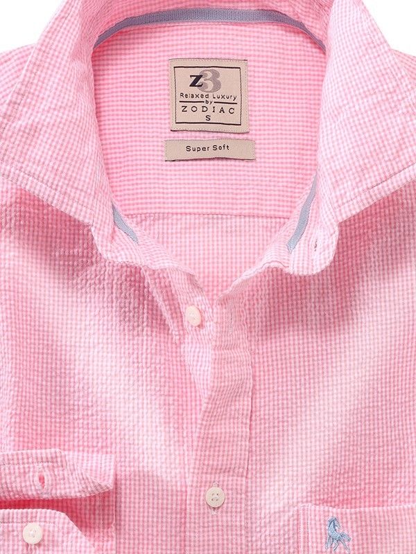 Helsinki Seersucker Pink Check Full Sleeve Tailored Fit Casual Cotton Shirt