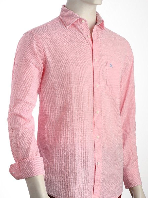 Helsinki Seersucker Pink Check Full Sleeve Tailored Fit Casual Cotton Shirt