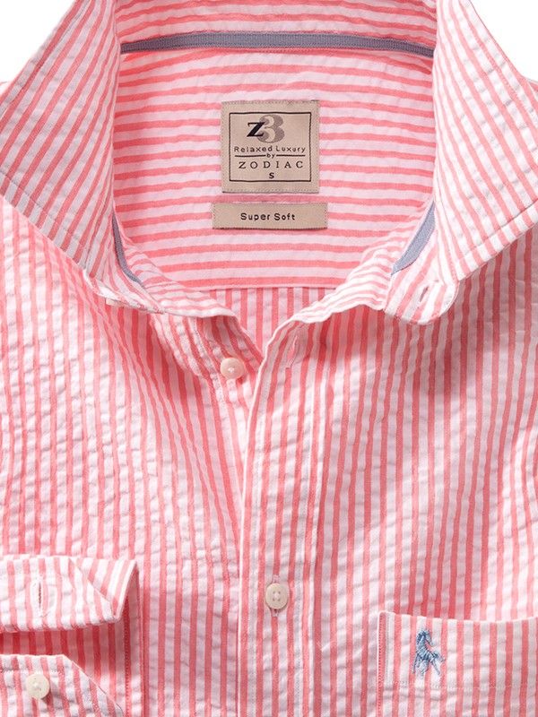 Nairobi Seersucker Pink Striped Full Sleeve Tailored Fit Casual Cotton Shirt