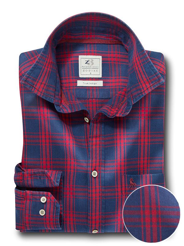 Cleef True Indigo Red Check Full Sleeve Tailored Fit Casual Cotton Shirt