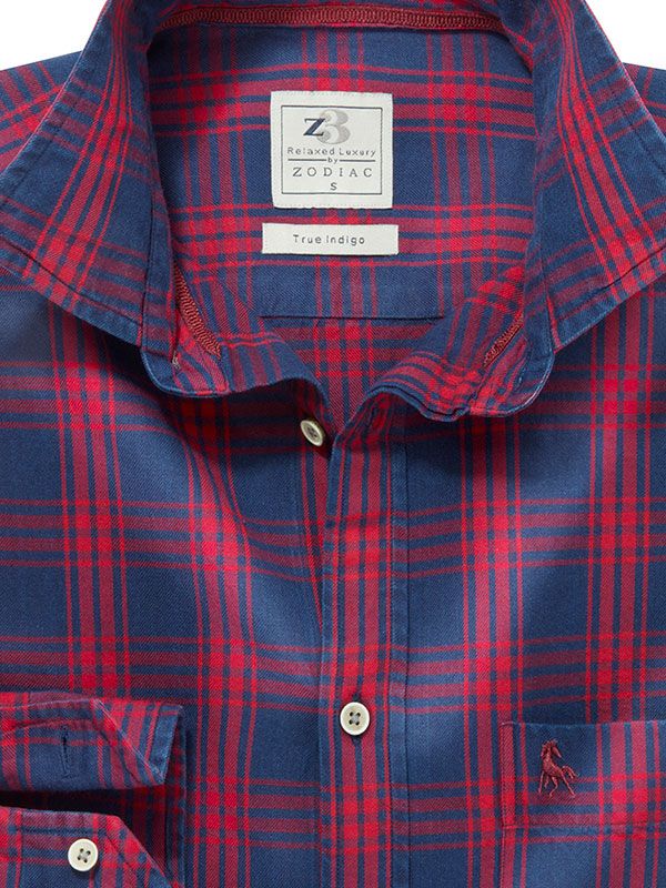 Cleef True Indigo Red Check Full Sleeve Tailored Fit Casual Cotton Shirt