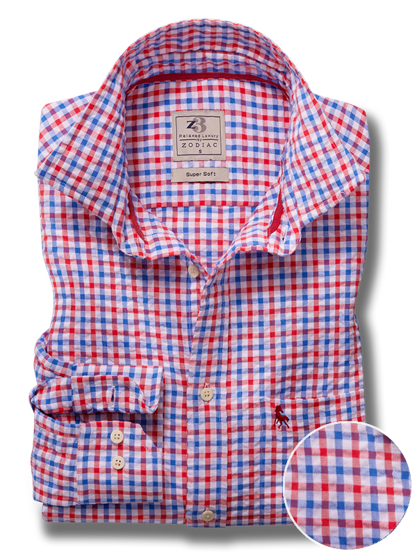 Ronaldo Seersucker Red Check Full Sleeve Tailored Fit Casual Cotton Shirt