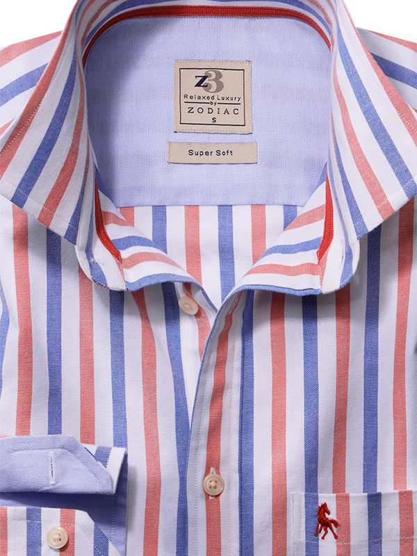Foden Oxford Red Striped Full Sleeve Tailored Fit Casual Cotton Shirt